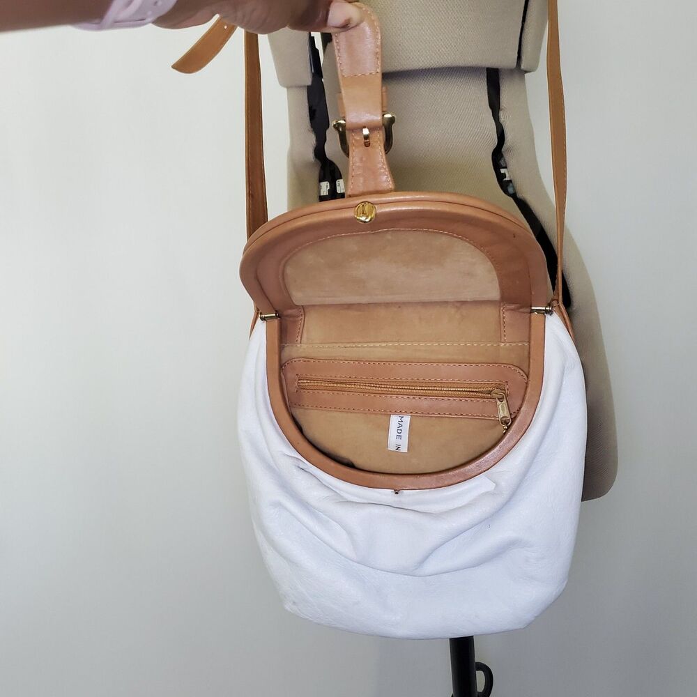 Vintage Women's Leather Crossbody Bag Small Brown White Woven Purse Bohemian - Picture 3 of 9